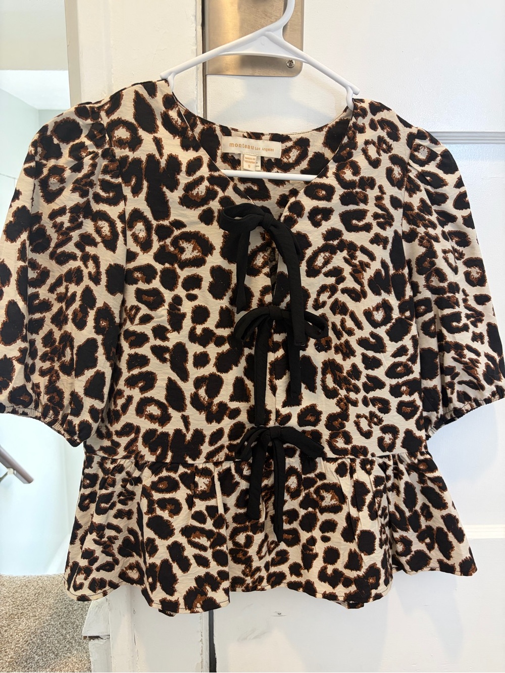 T.J.Maxx Leopard Print Peplum Blouse with Black Ties